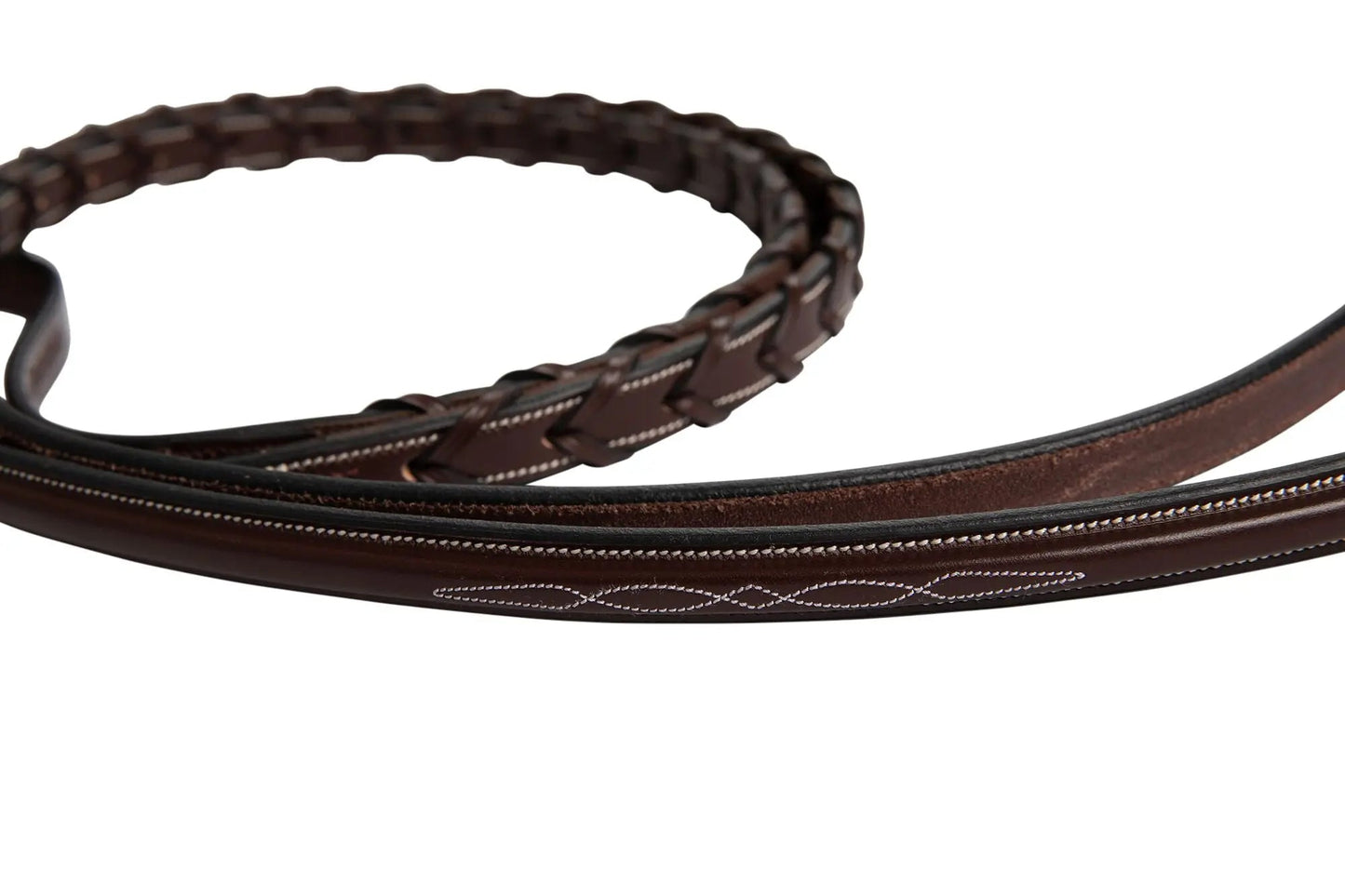 Brown leather bridle strap on a white background