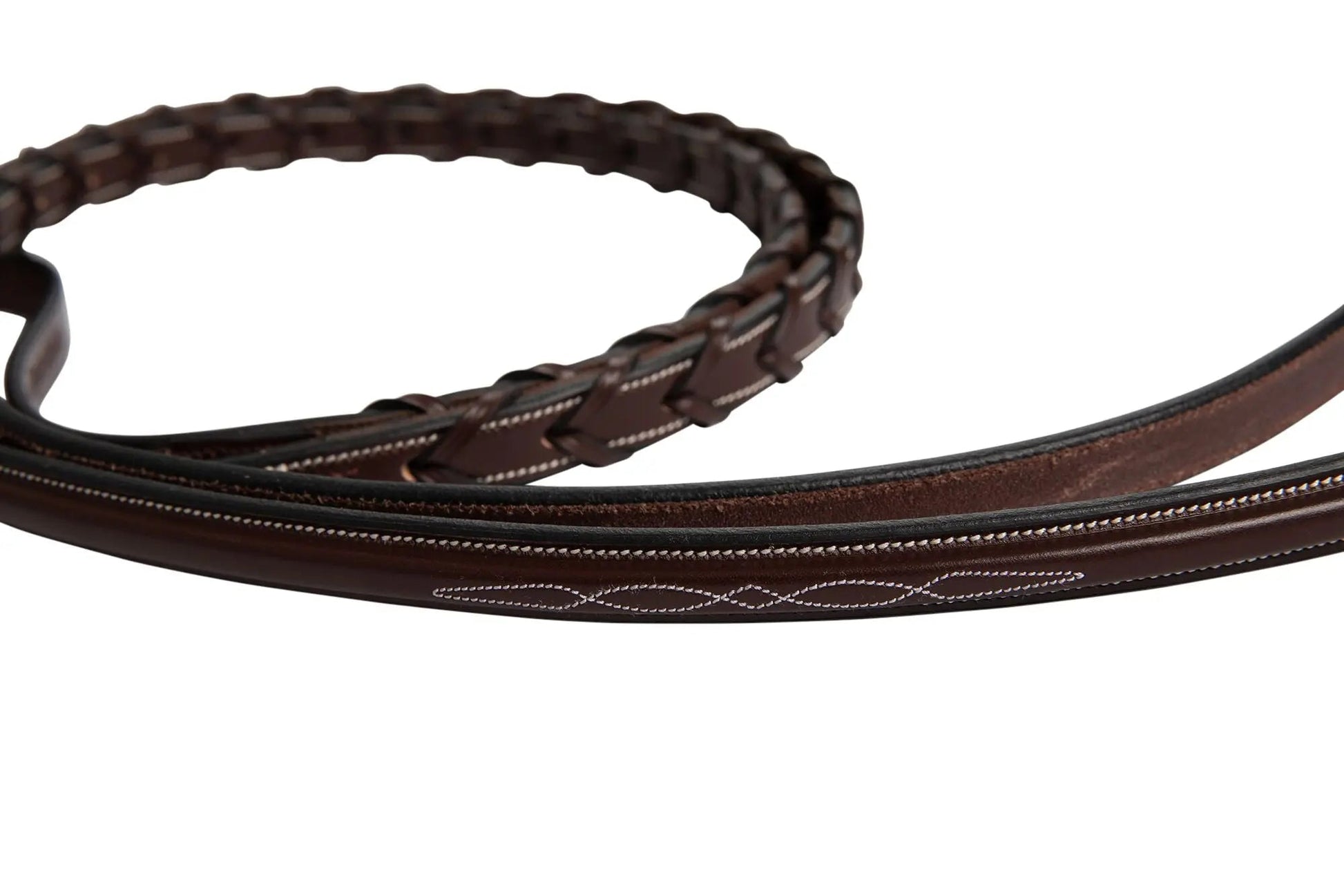 Brown leather bridle strap on a white background