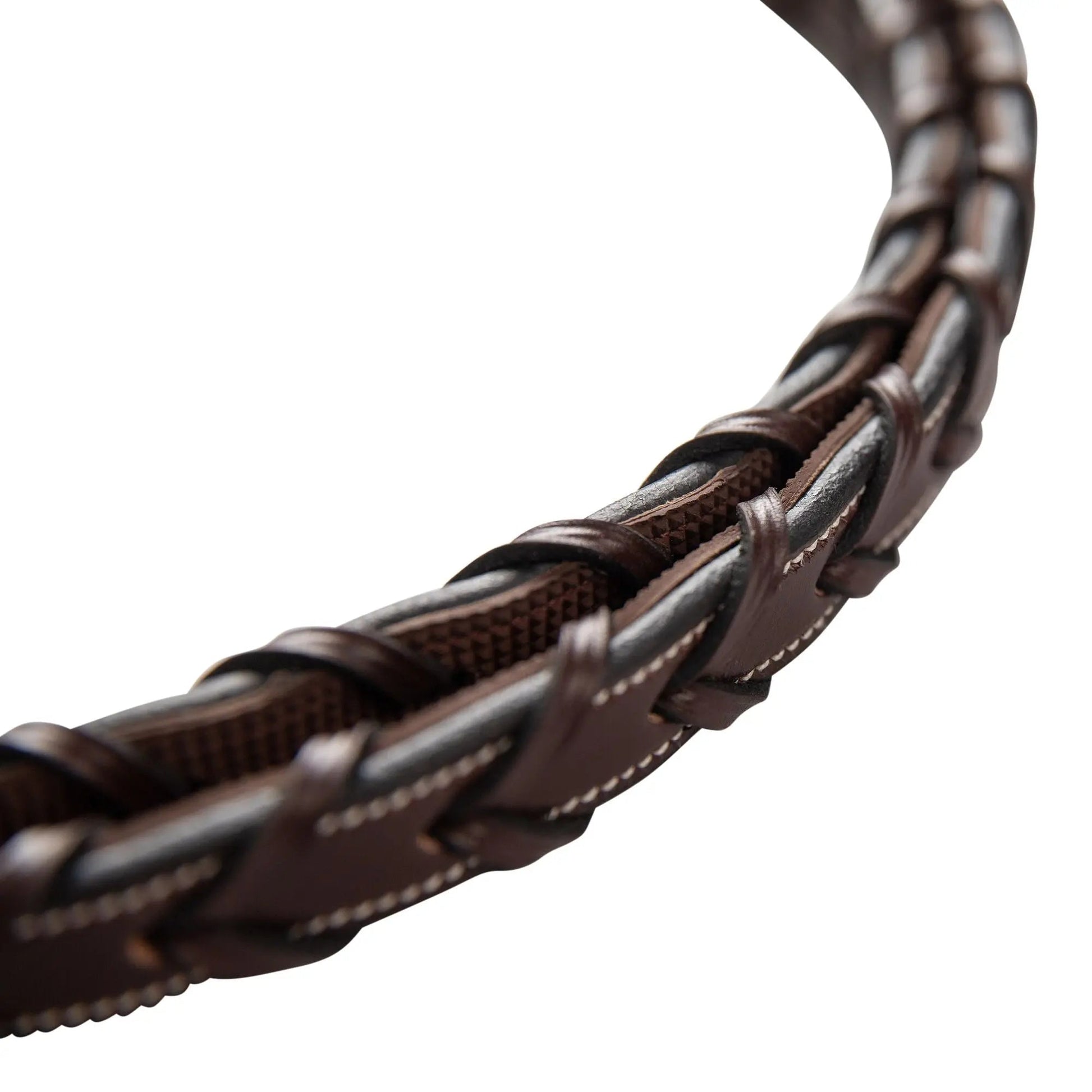 Close-up of a braided brown leather strap on a white background