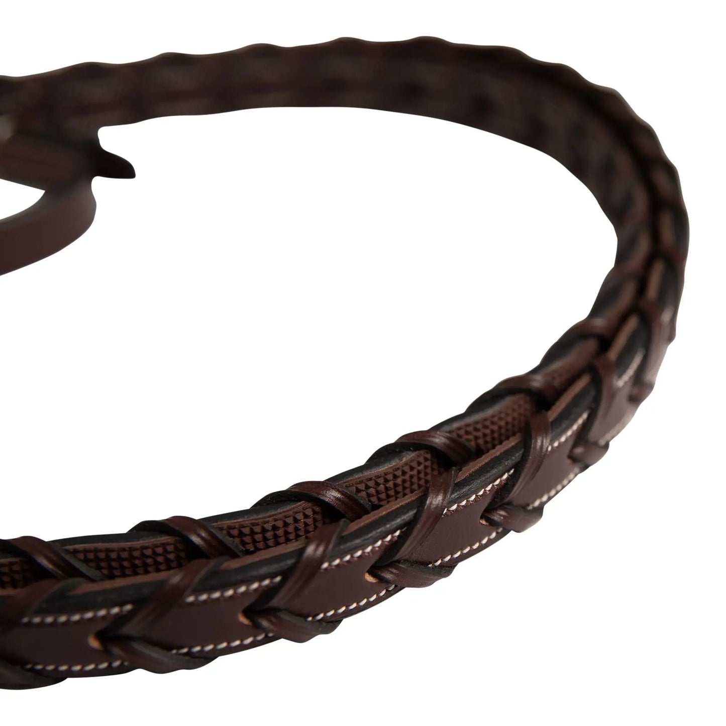Brown braided leather belt on a white background