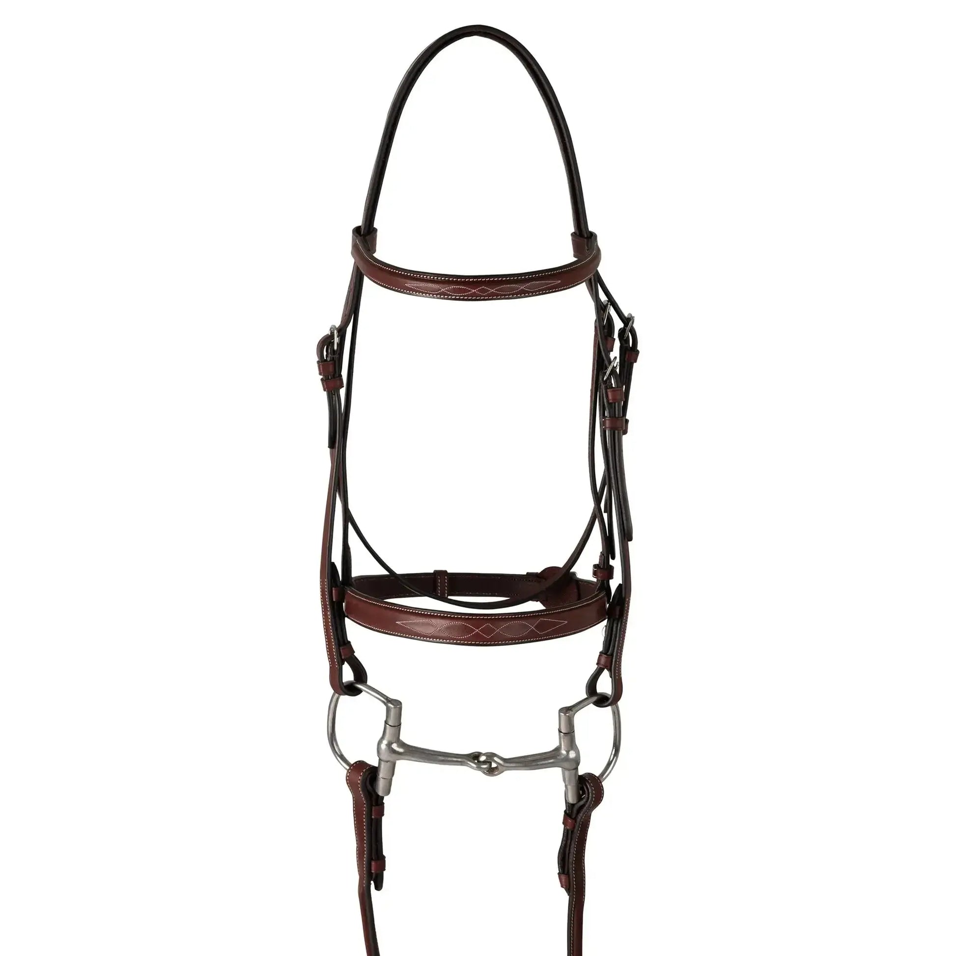 Brown horse bridle with metal bit on a white background