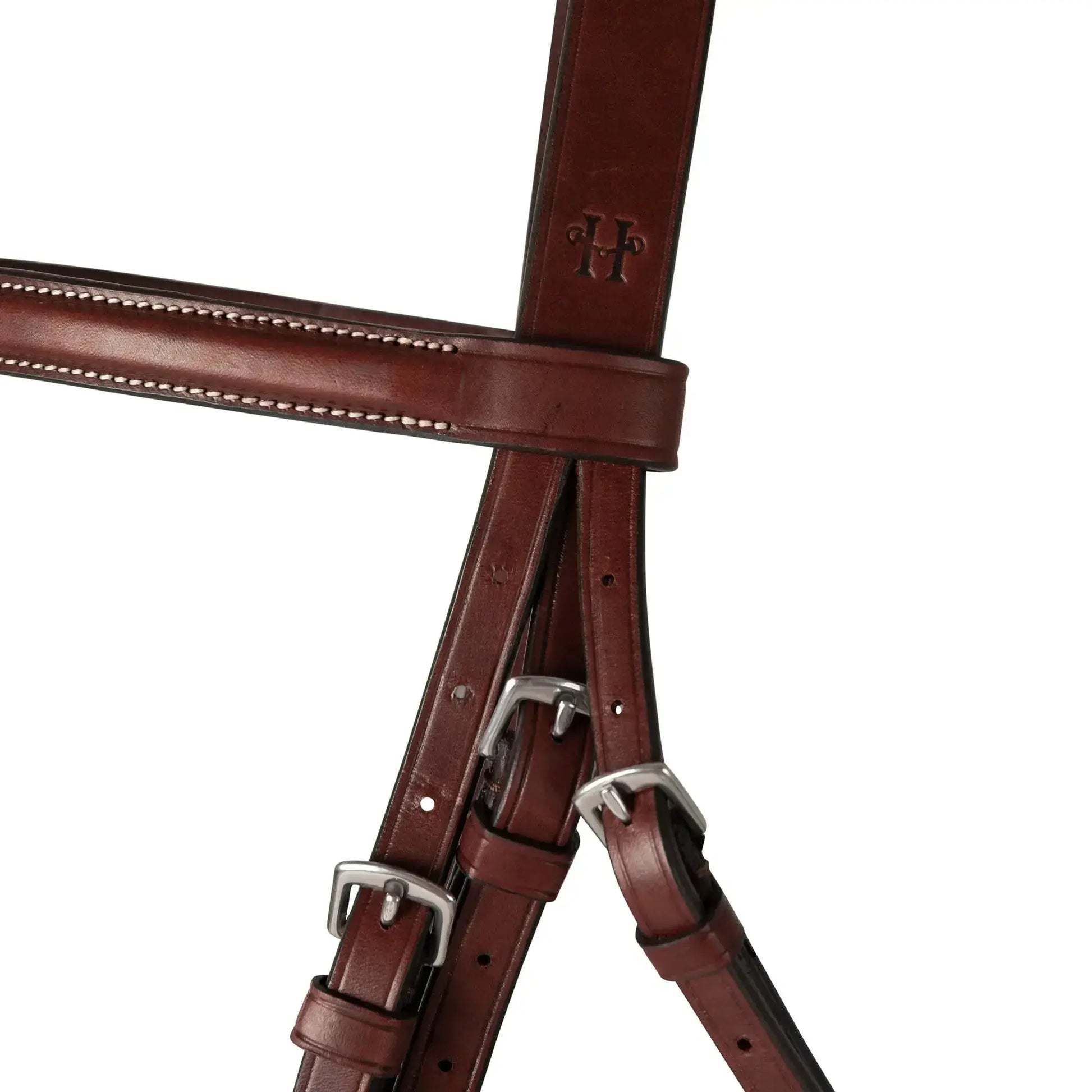 Brown leather bridle with silver hardware on a white background