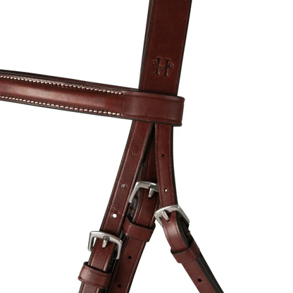 Brown leather bridle with silver hardware on a white background