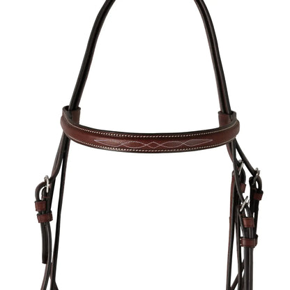 Brown leather horse bridle with intricate design on a white background