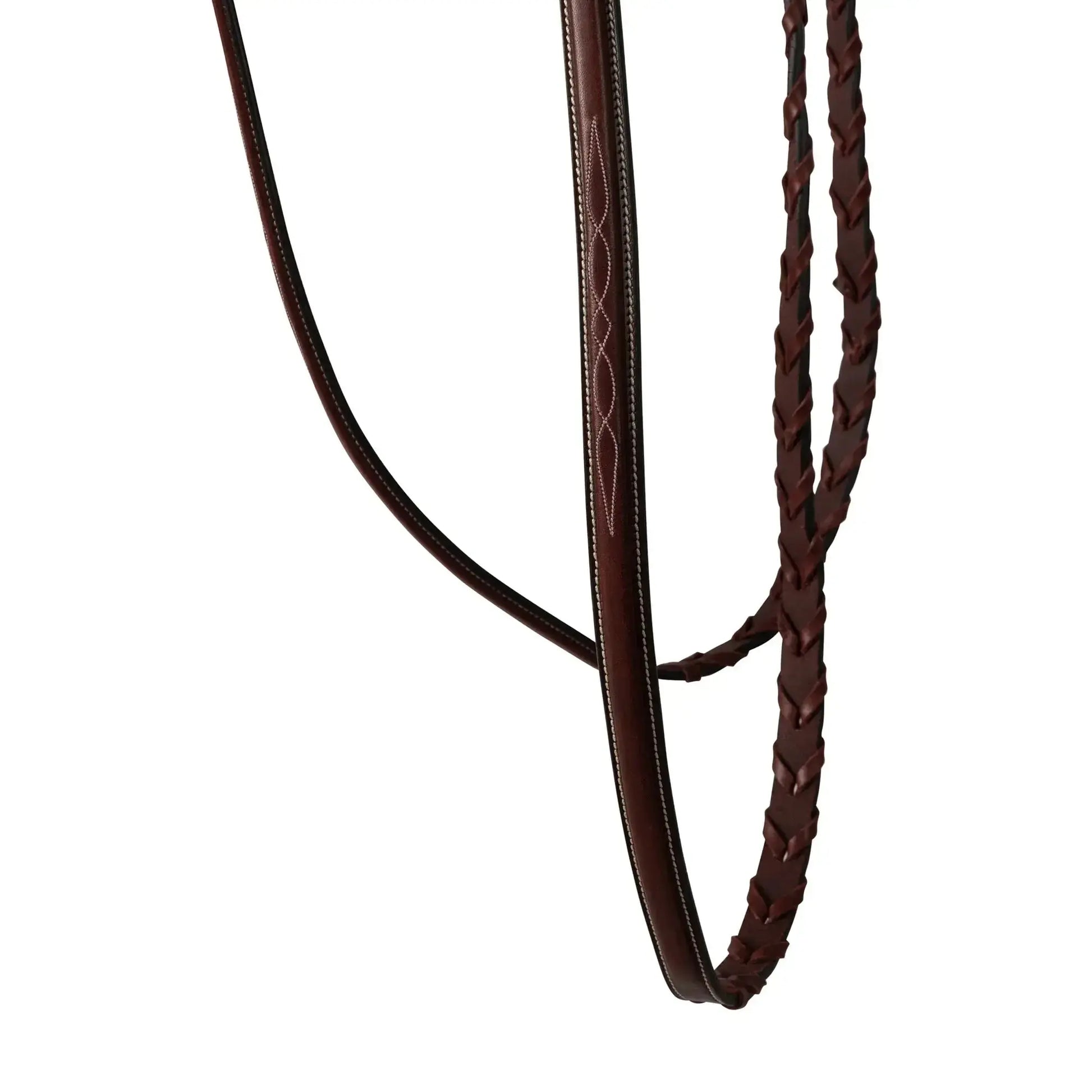 Close-up of braided brown leather cord on a white background