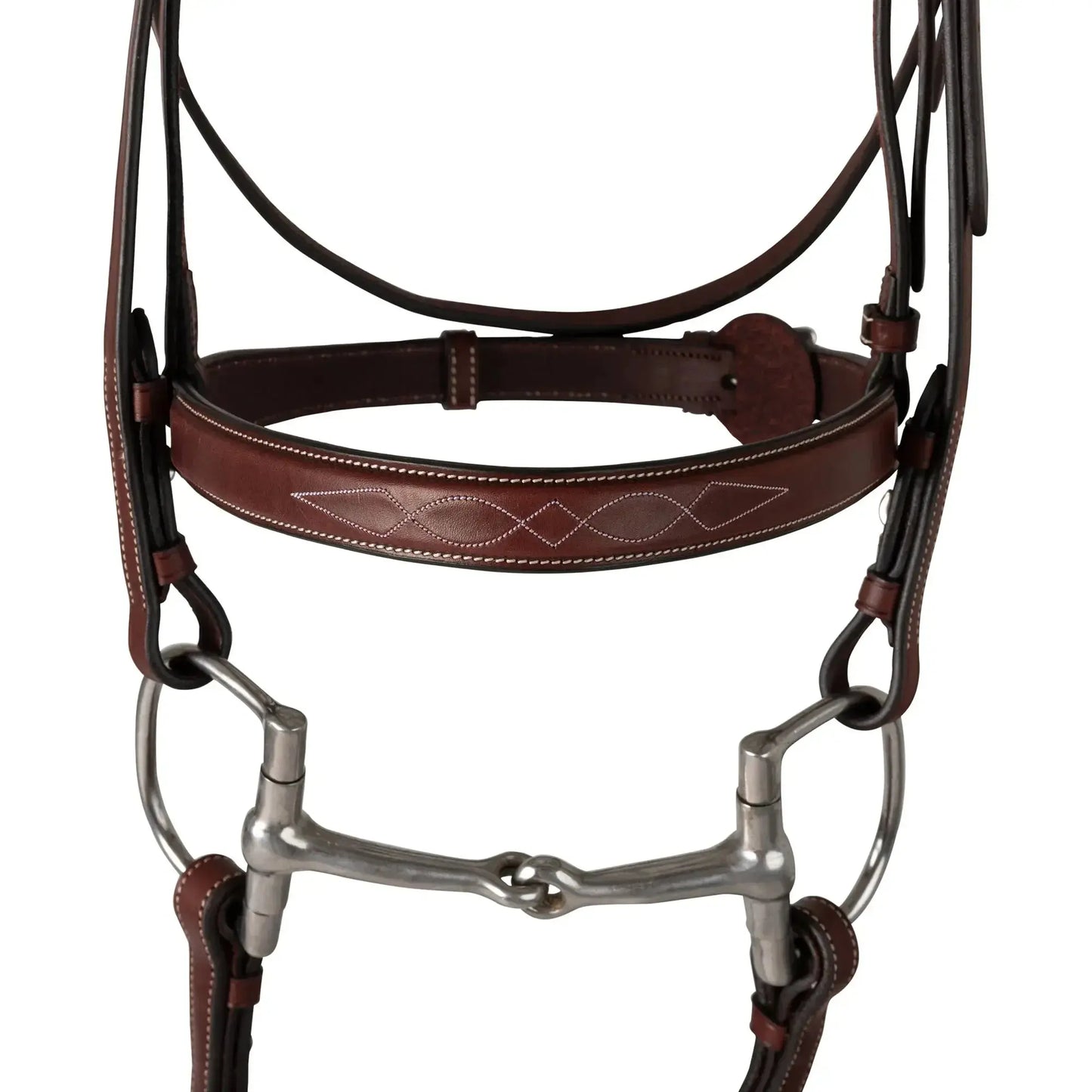 Brown leather horse bridle with metal bit on a white background