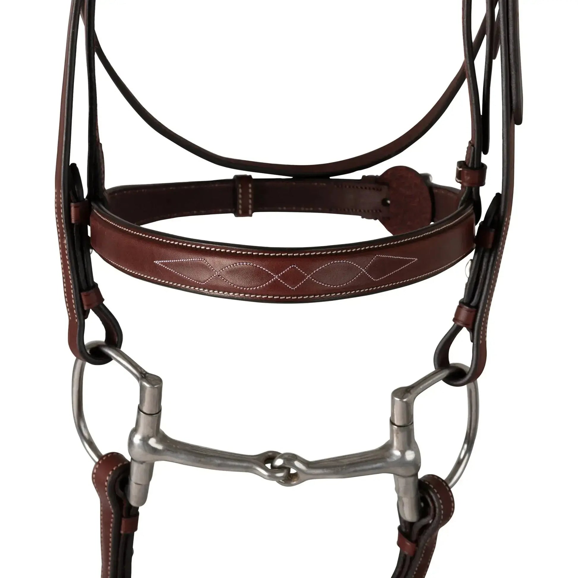 Brown leather horse bridle with metal bit on a white background