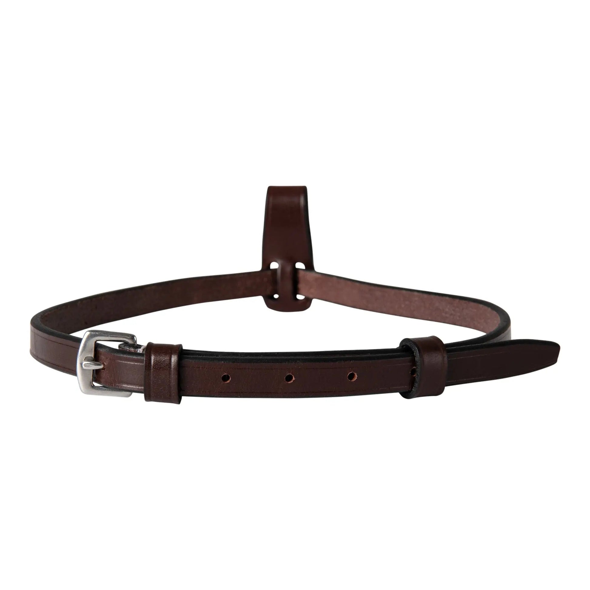 Brown leather belt with a silver buckle on a white background