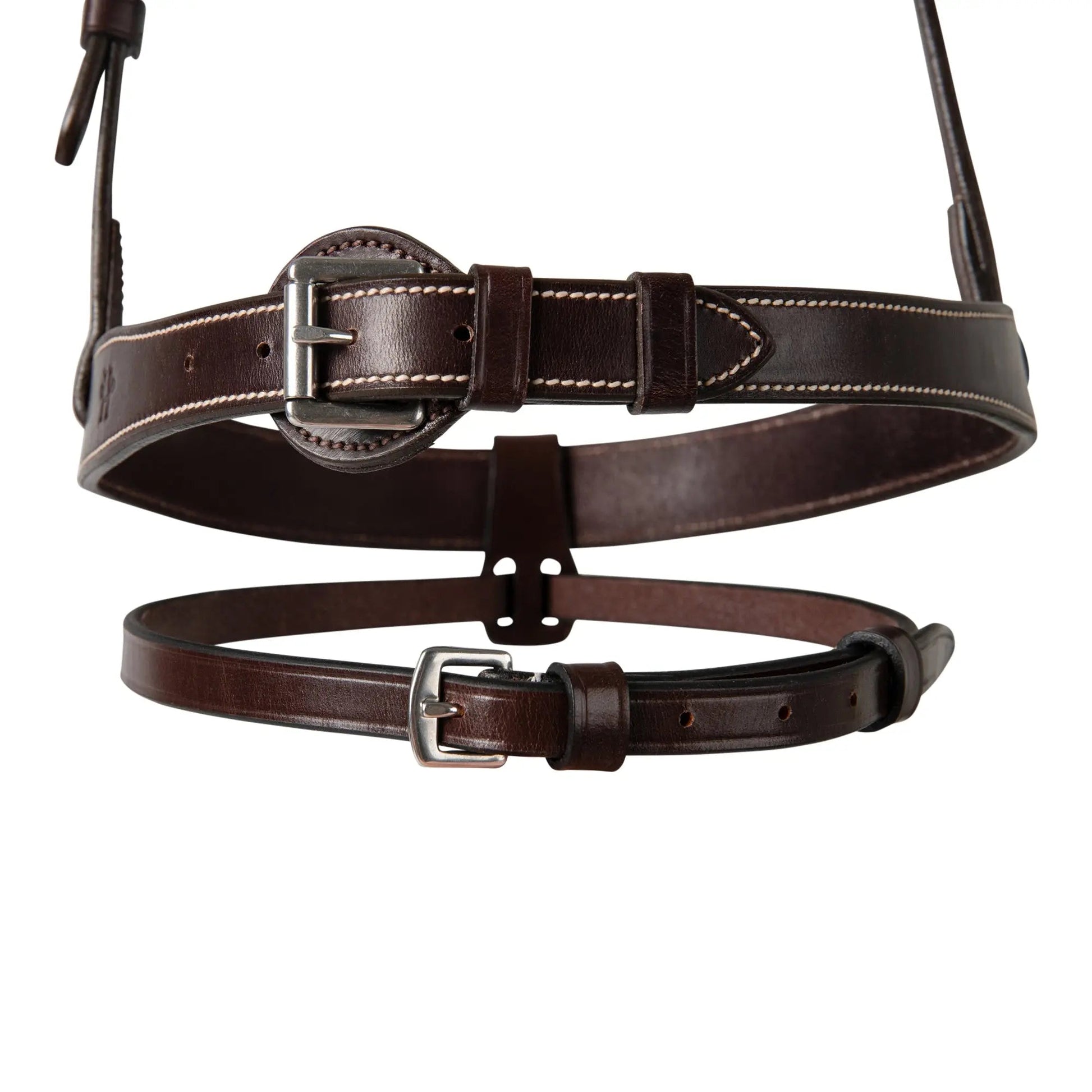 Brown leather belt with a buckle on a white background