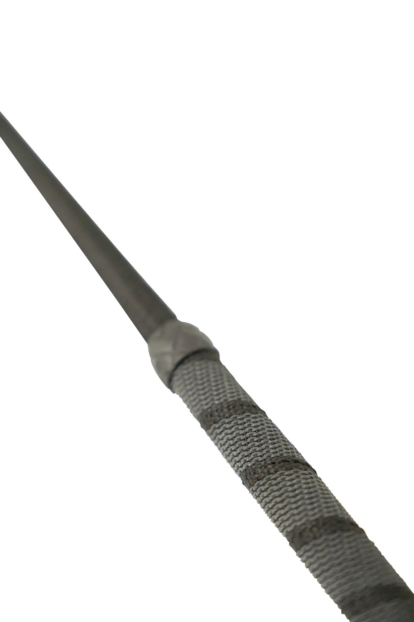 Close-up of a fishing rod handle with textured grip on a white background