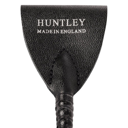 Black leather product with 'Huntley Made in England' branding on a white background