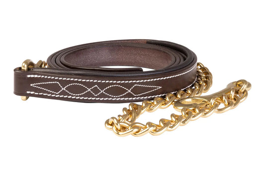 Brown leather dog leash with gold chain on a white background