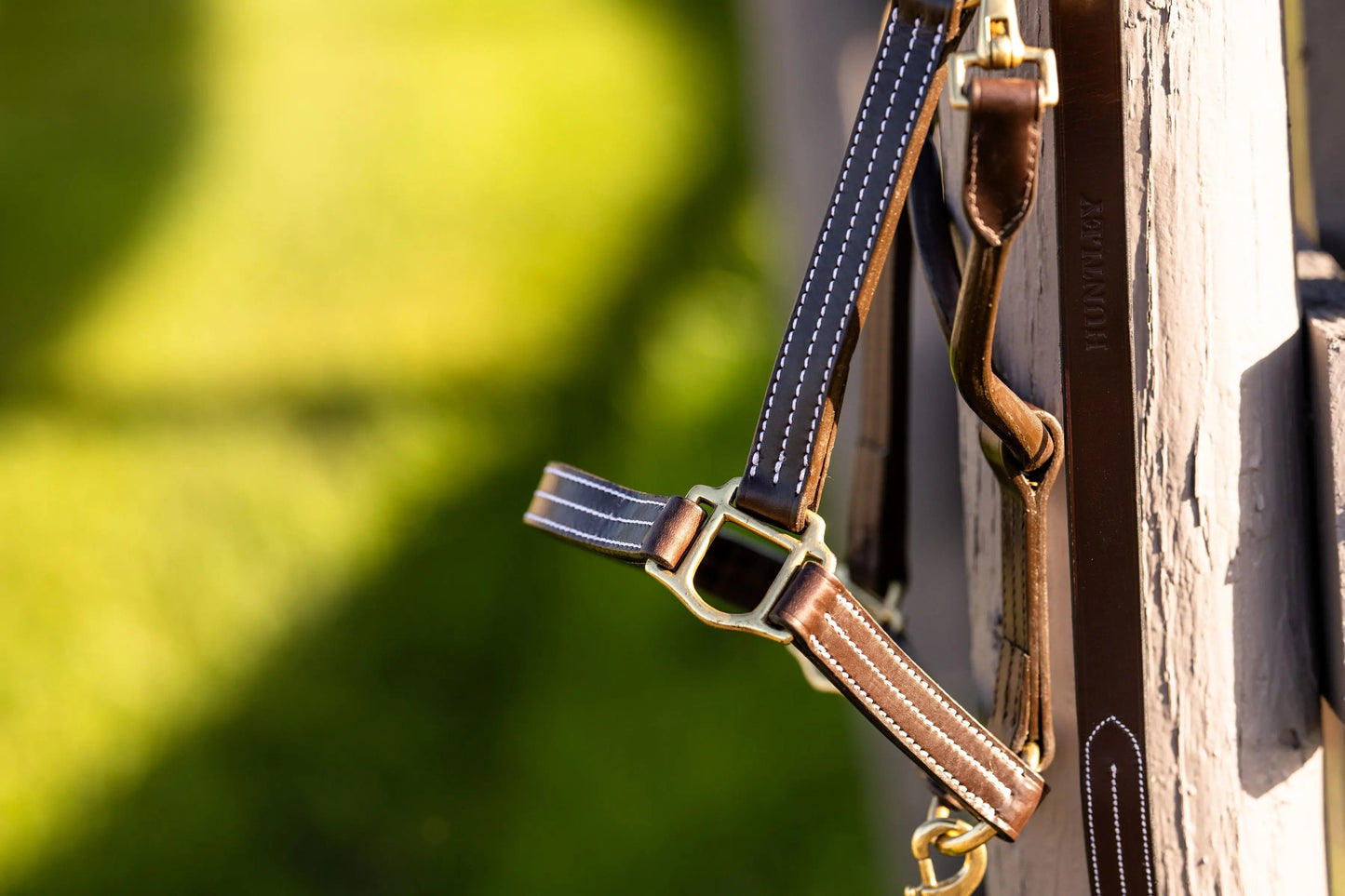 Brown leather bridle with gold hardware on a wooden post against a blurred green background