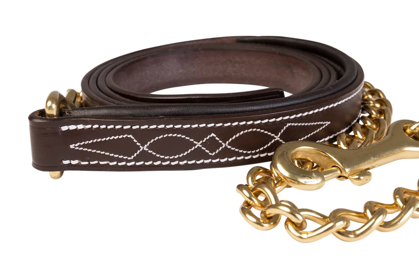 Brown leather dog leash with gold chain and decorative white stitching on a white background