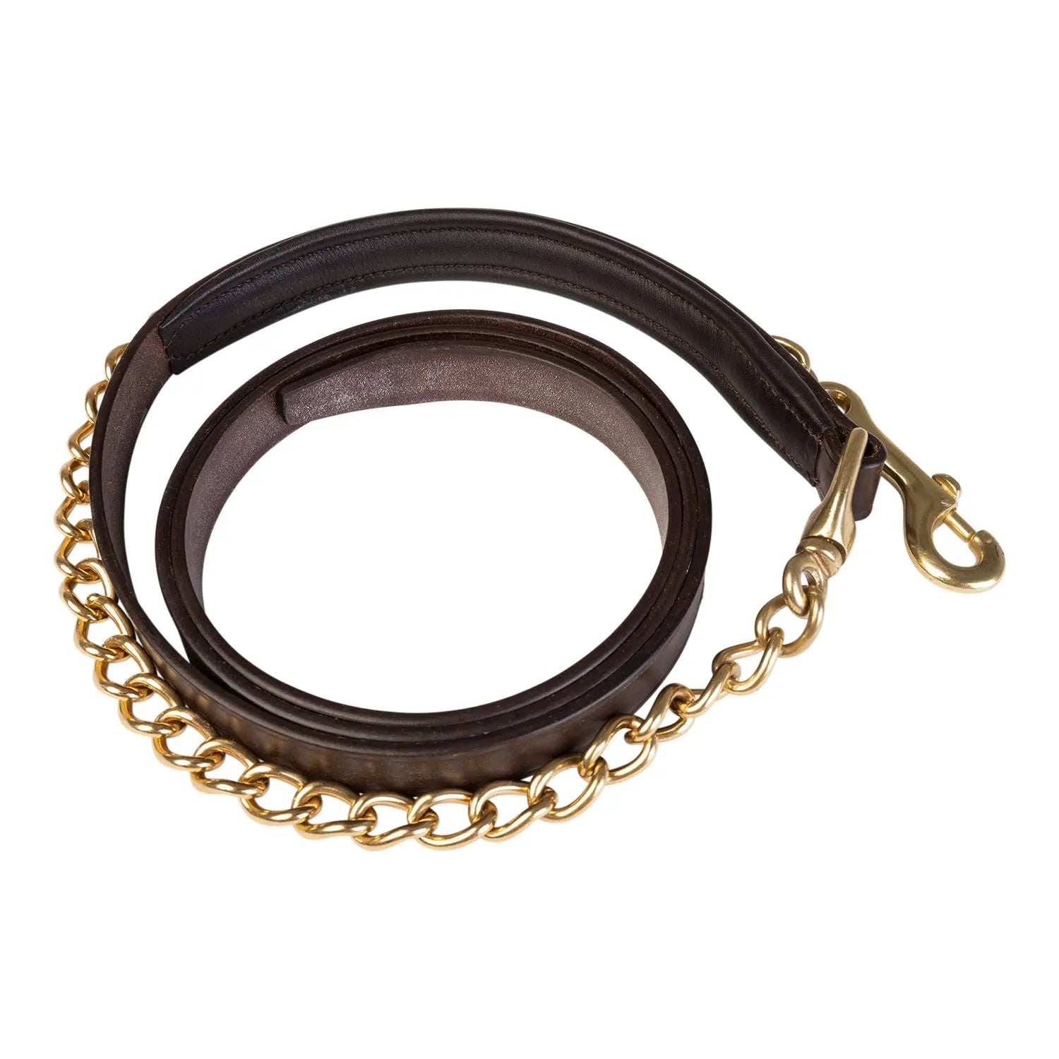 Brown leather dog leash with gold chain and brass clasp on a white background
