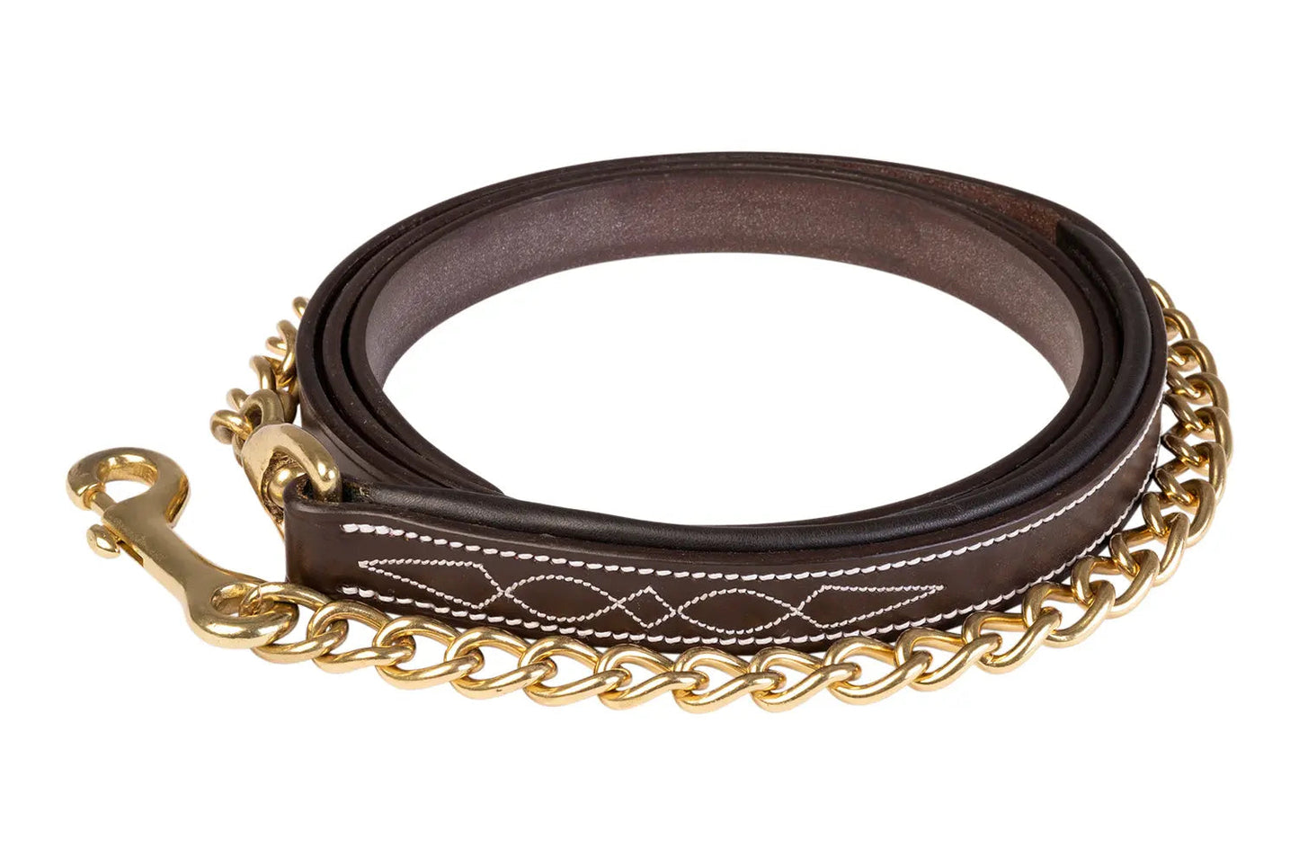 Brown leather dog leash with gold chain on a white background