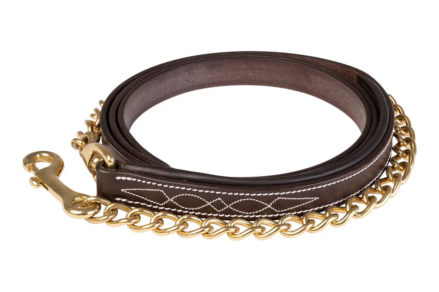 Brown leather dog leash with gold chain on a white background