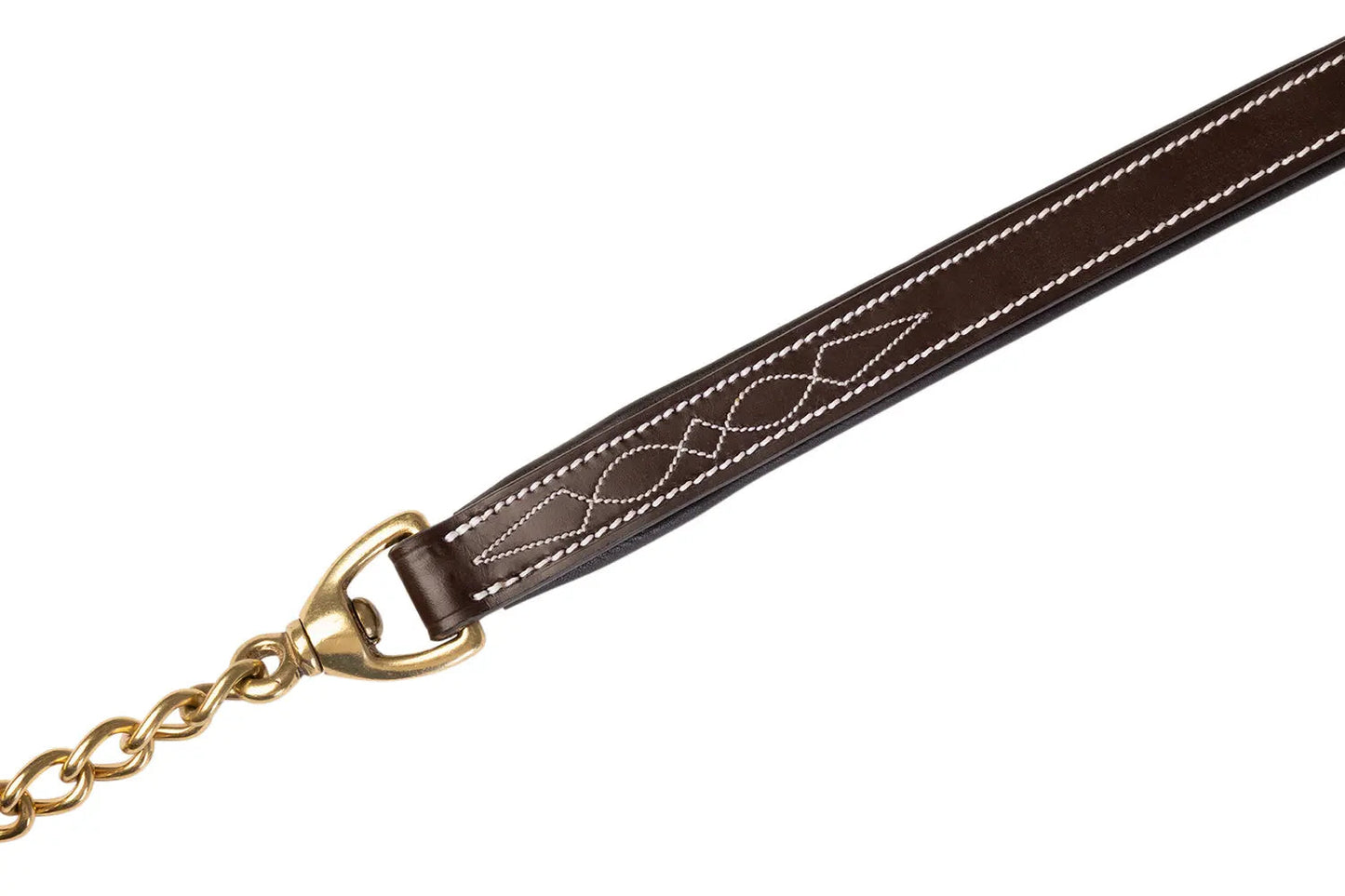 Brown leather strap with gold chain and clasp on a white background