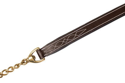 Brown leather strap with gold chain and clasp on a white background