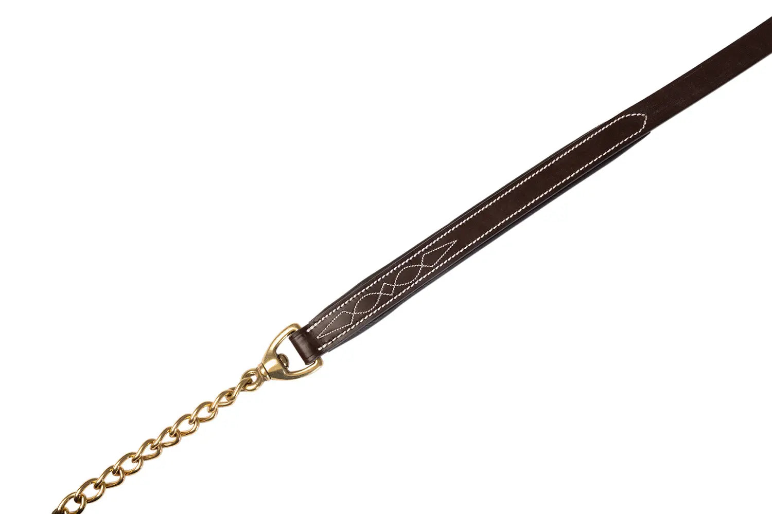 Brown leather dog leash with gold chain on a white background