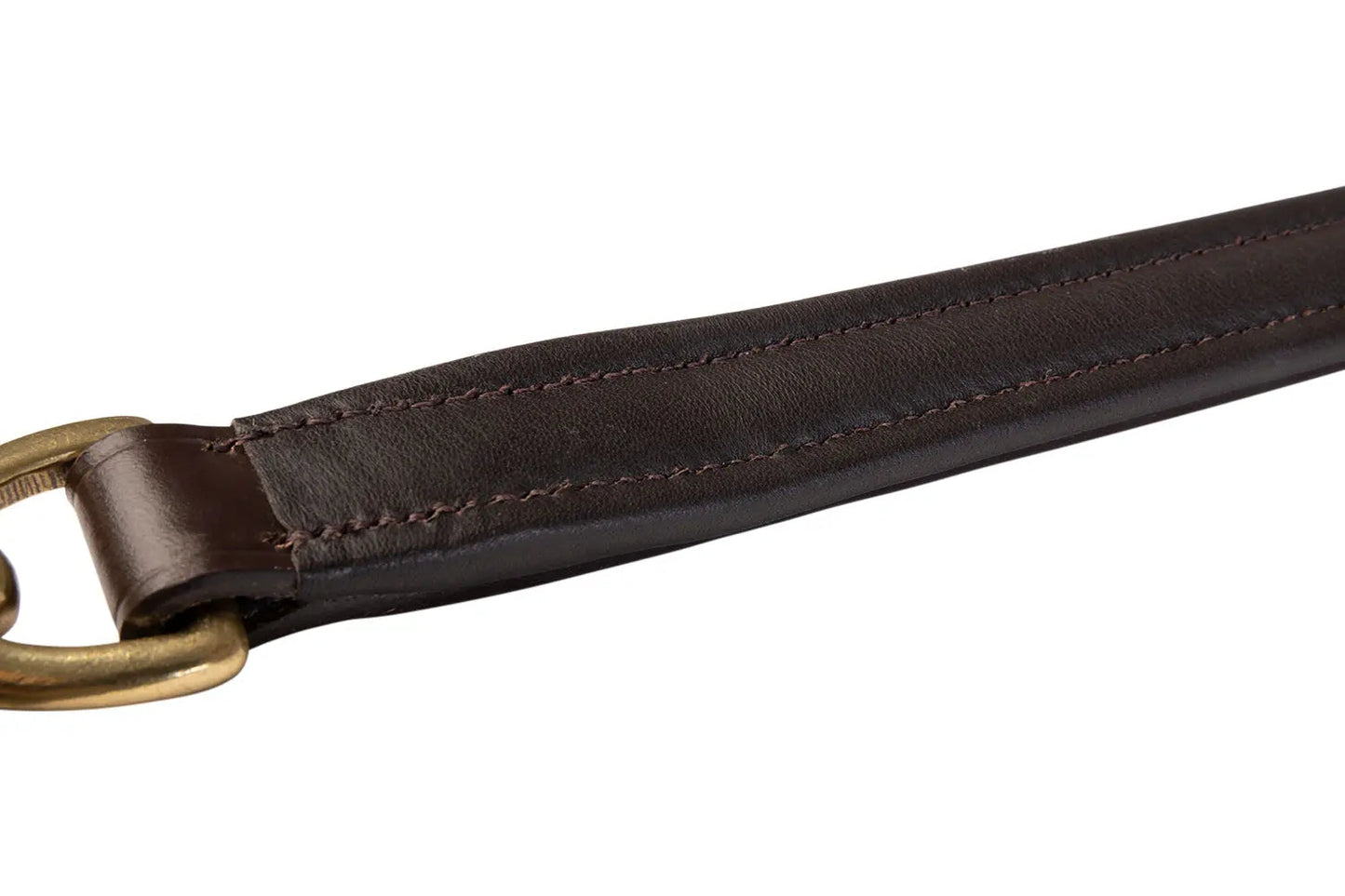 Brown leather belt with brass buckle on a white background