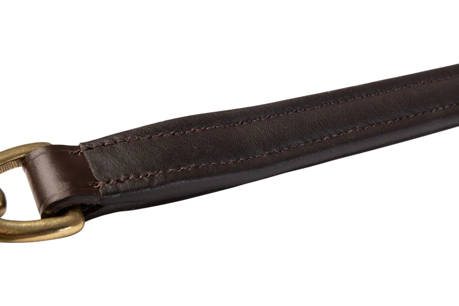 Brown leather belt with brass buckle on a white background