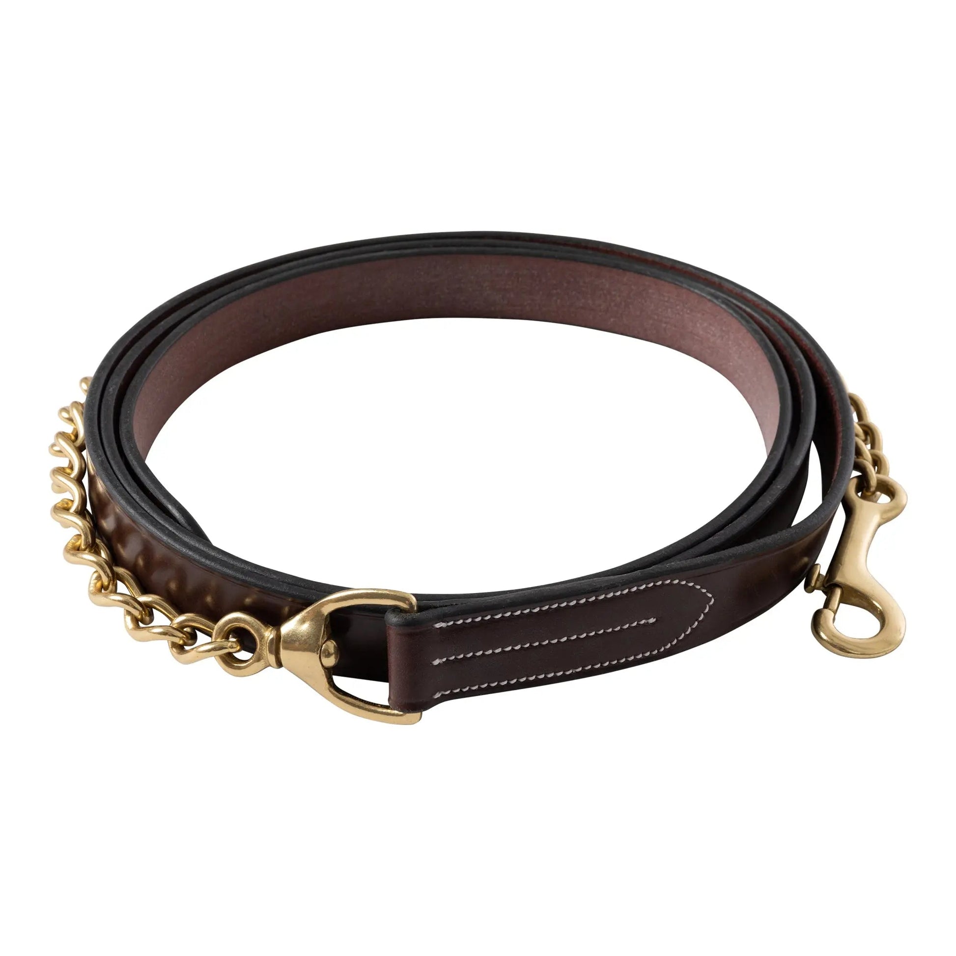 Brown leather dog leash with gold hardware on a white background