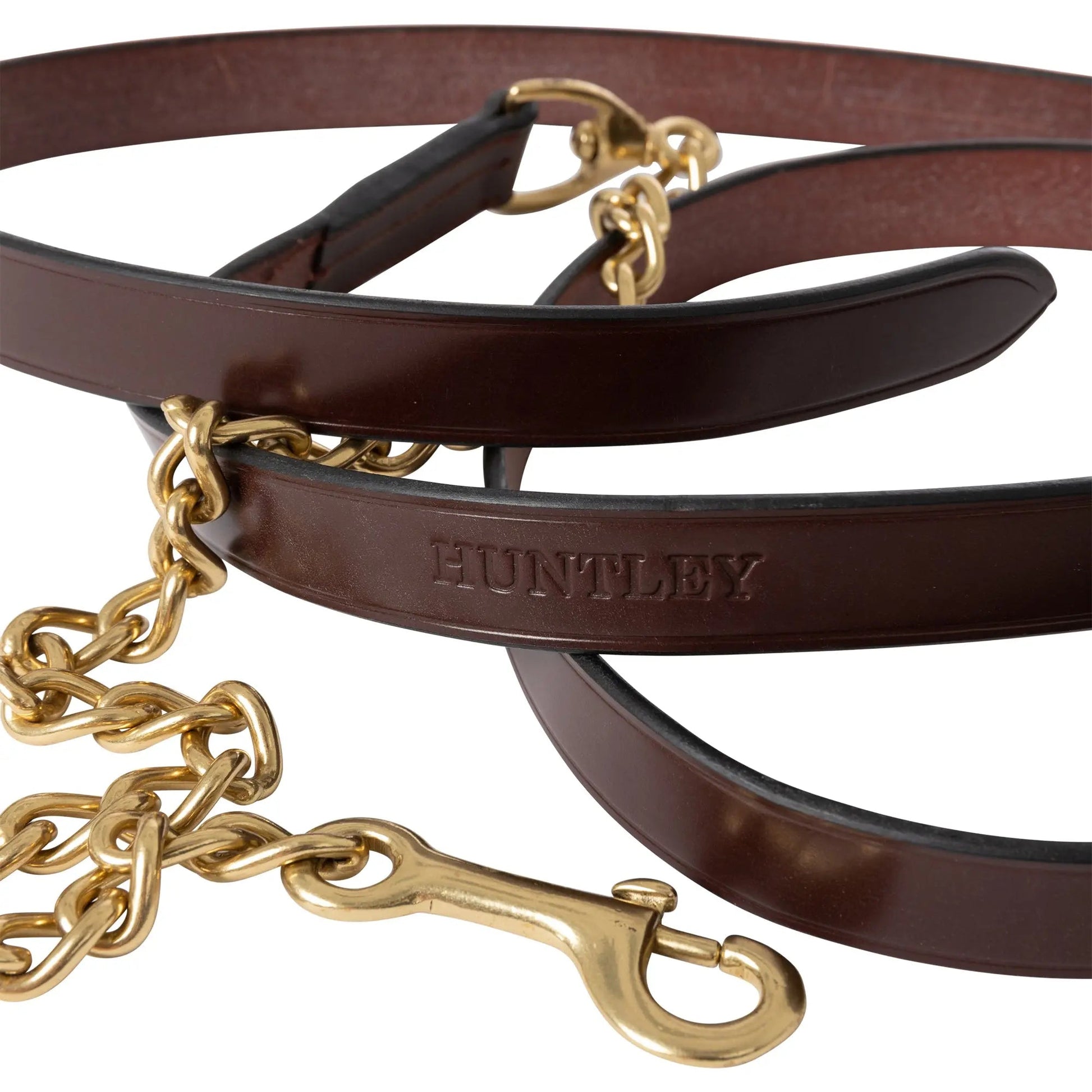 Brown leather dog leash with gold chain and clasp on a white background, featuring the brand 'Huntley'.