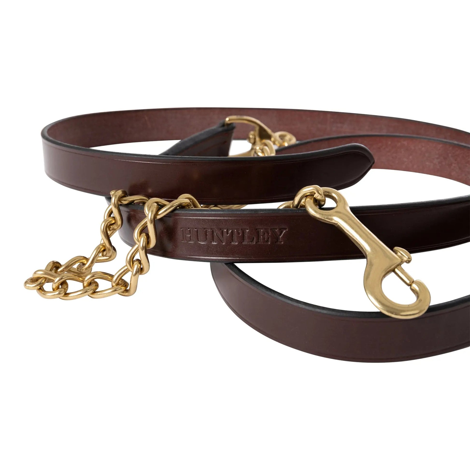 Brown leather dog leash with gold chain and brass clip on a white background