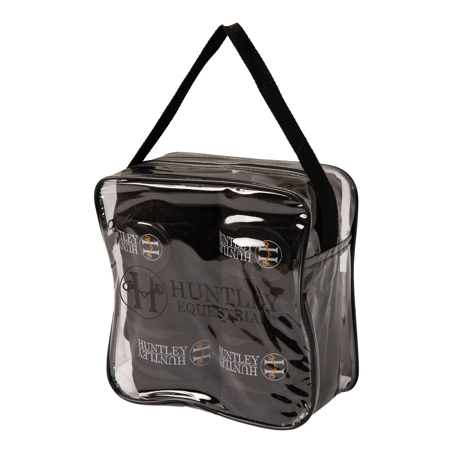 Clear equestrian bag with black handle and visible branding on a white background