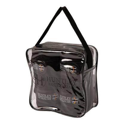 Clear equestrian bag with black handle and visible branding on a white background