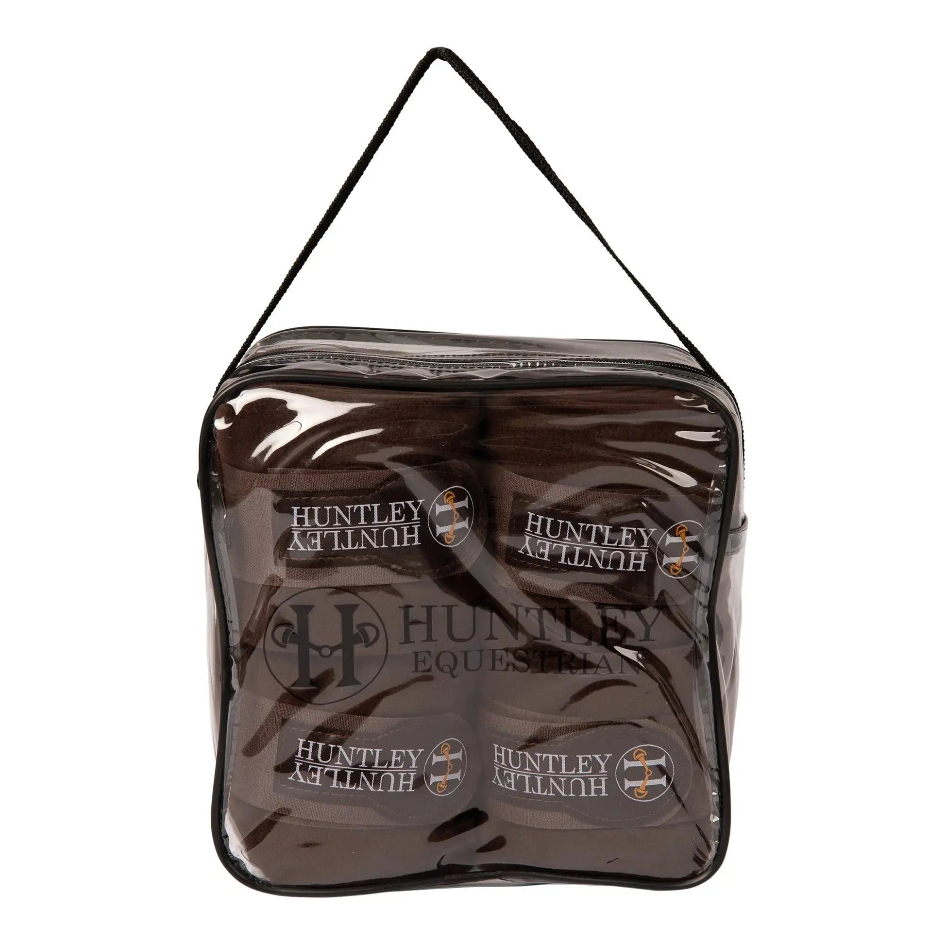 Clear plastic bag with Huntley & Huntley branding on a white background