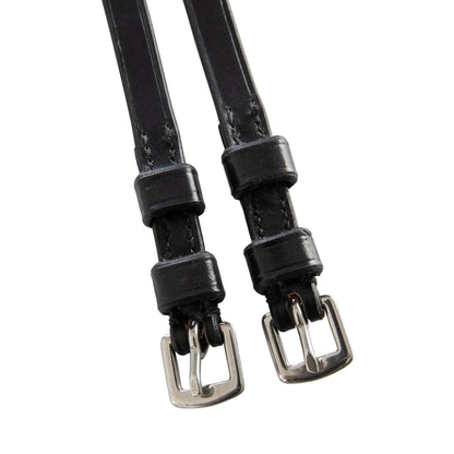 Two black leather straps with silver buckles on a white background