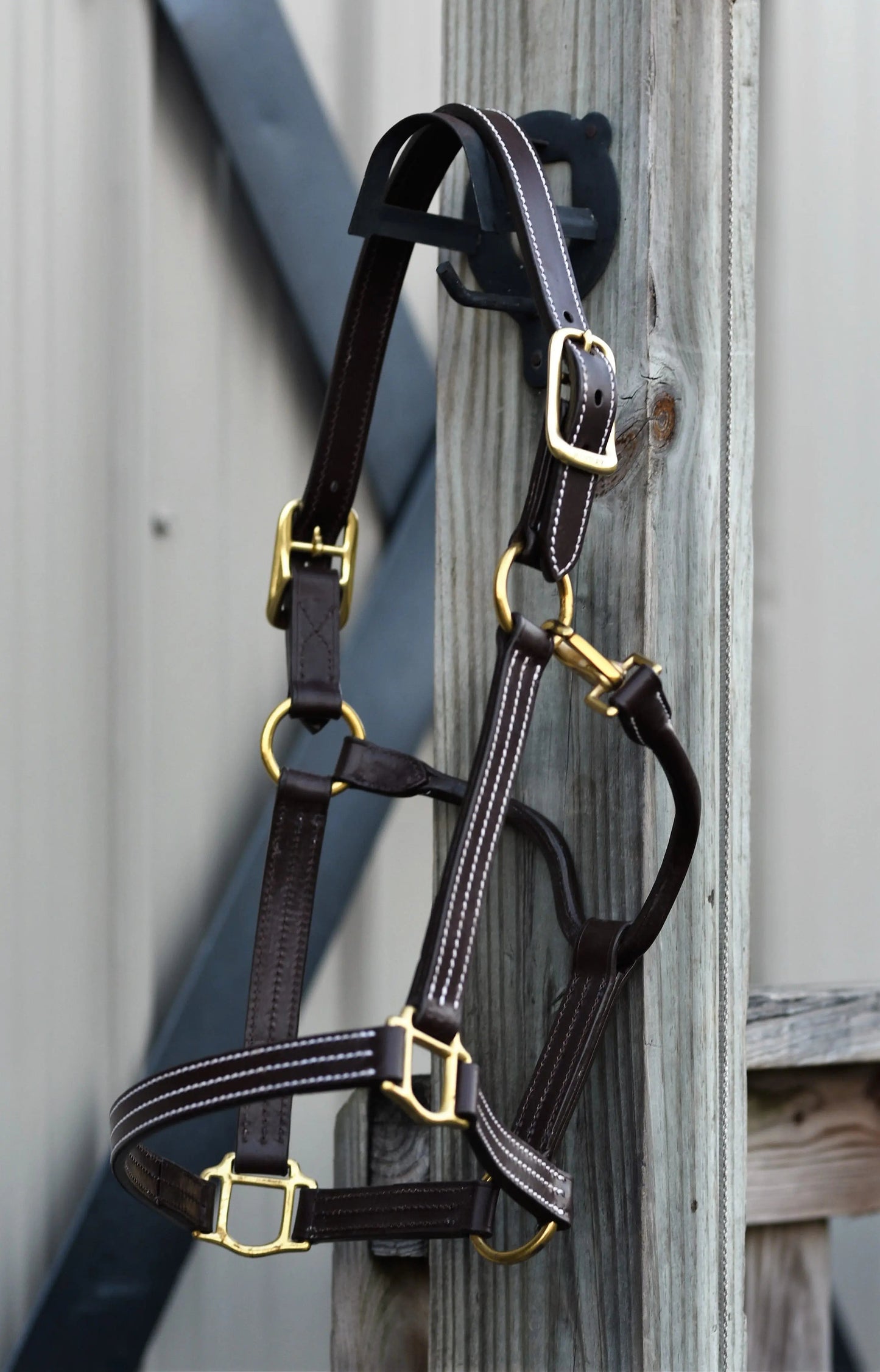 Brown leather horse bridle with gold hardware attached to a wooden post.