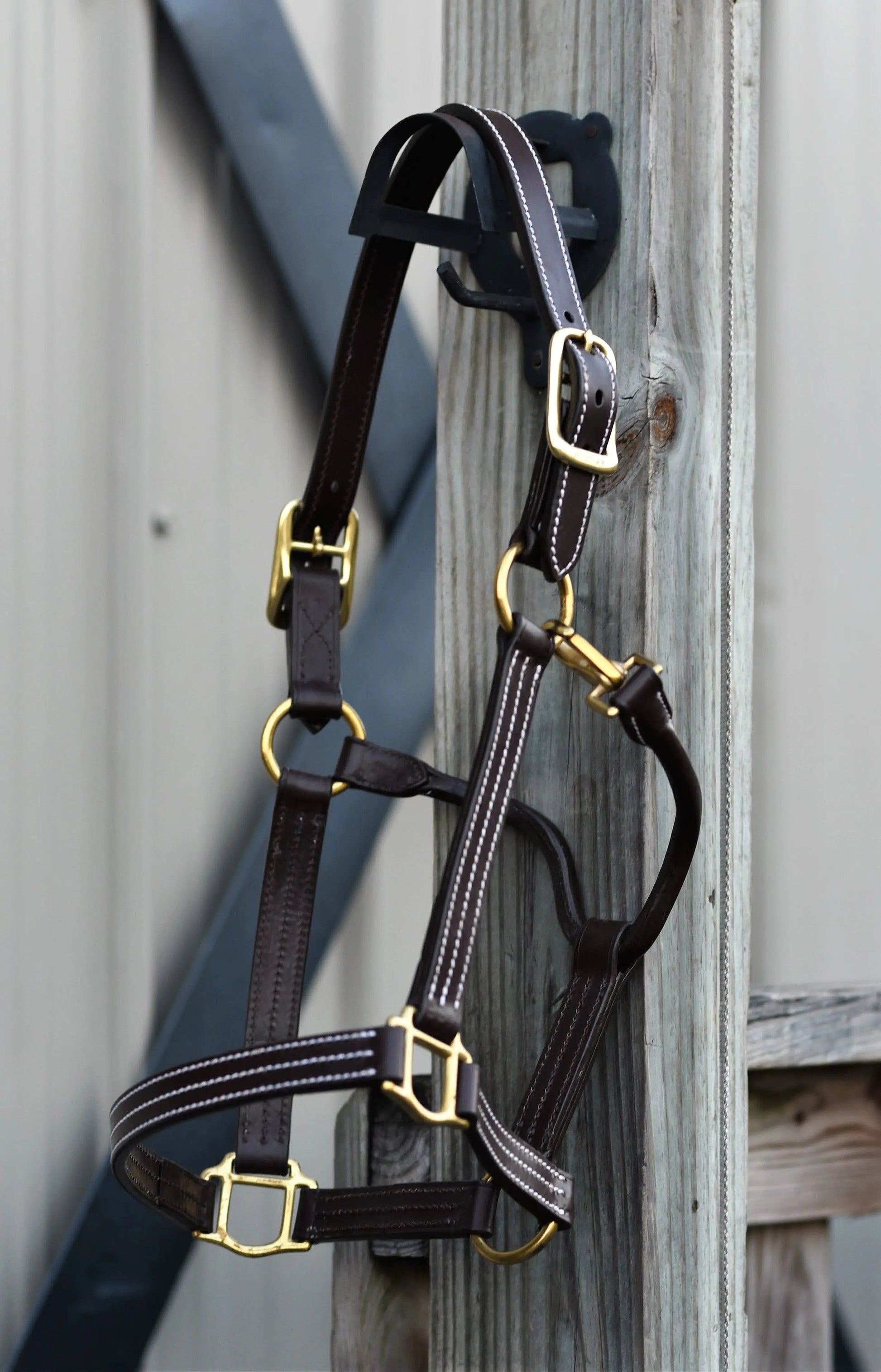 Brown leather horse bridle with gold hardware attached to a wooden post.