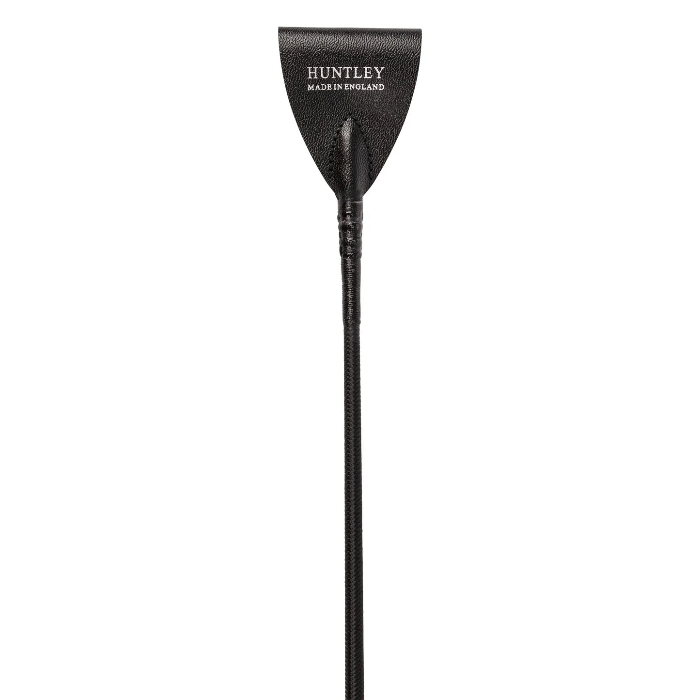 Black leather riding crop with 'Huntley' branding on a white background