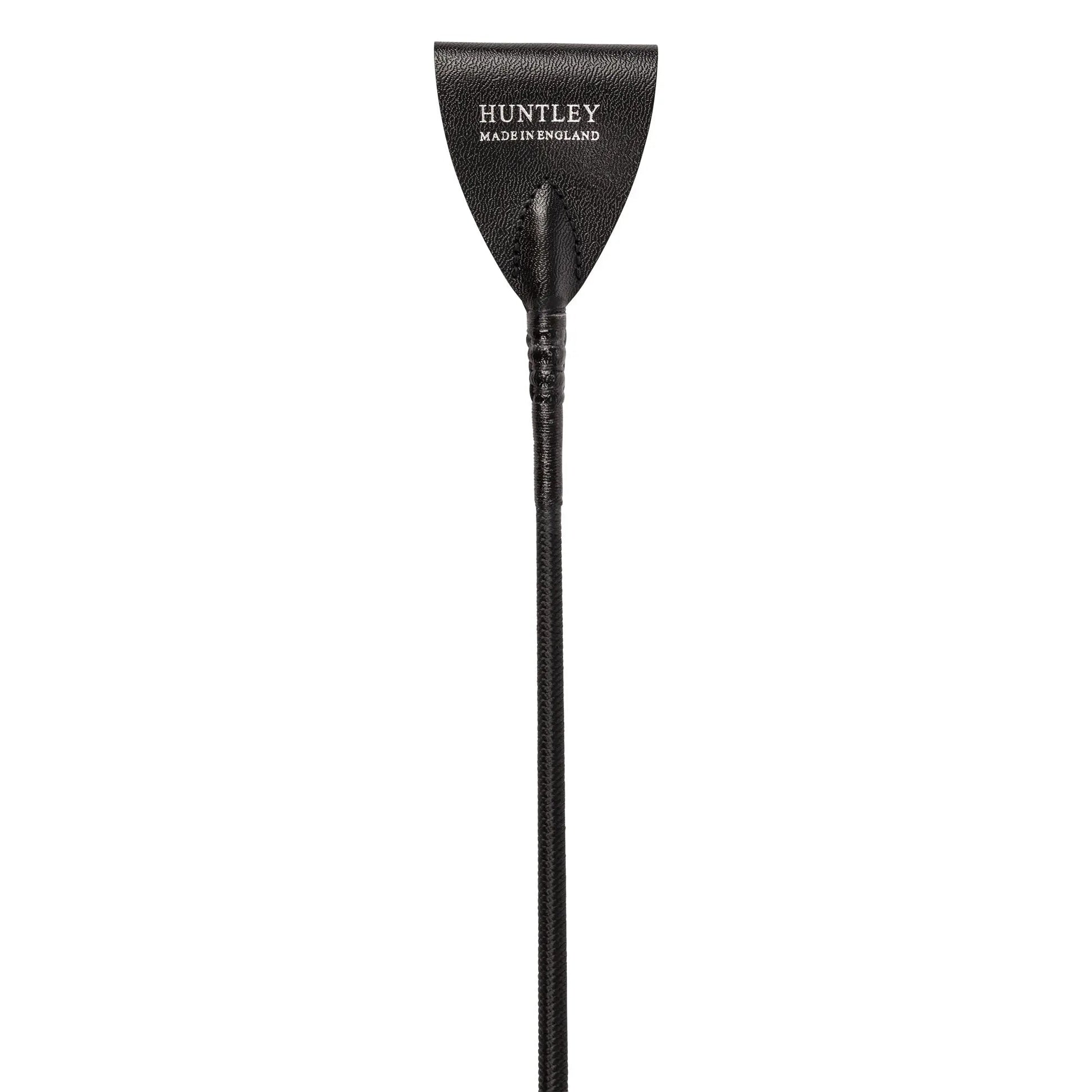 Black leather riding crop with 'Huntley' branding on a white background