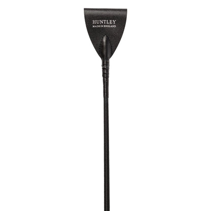 Black leather riding crop with 'Huntley' branding on a white background