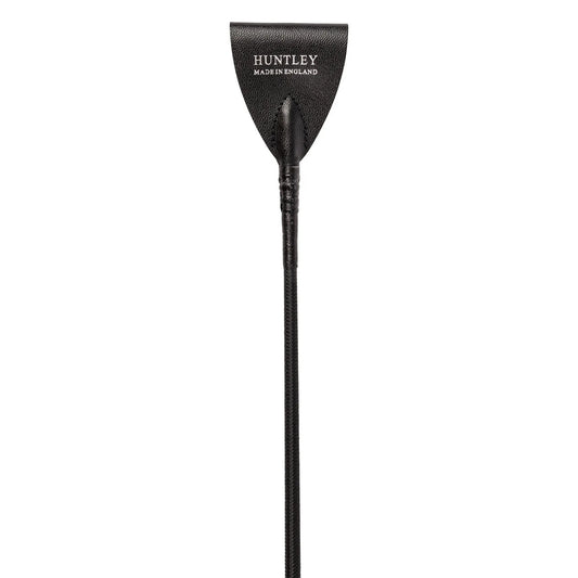 Black leather riding crop with 'Huntley' branding on a white background