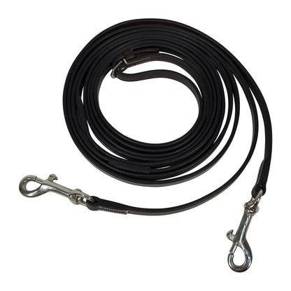 Black leather dog leash with metal hooks on a white background