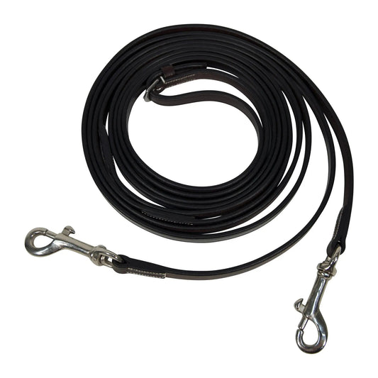 Black leather dog leash with metal hooks on a white background