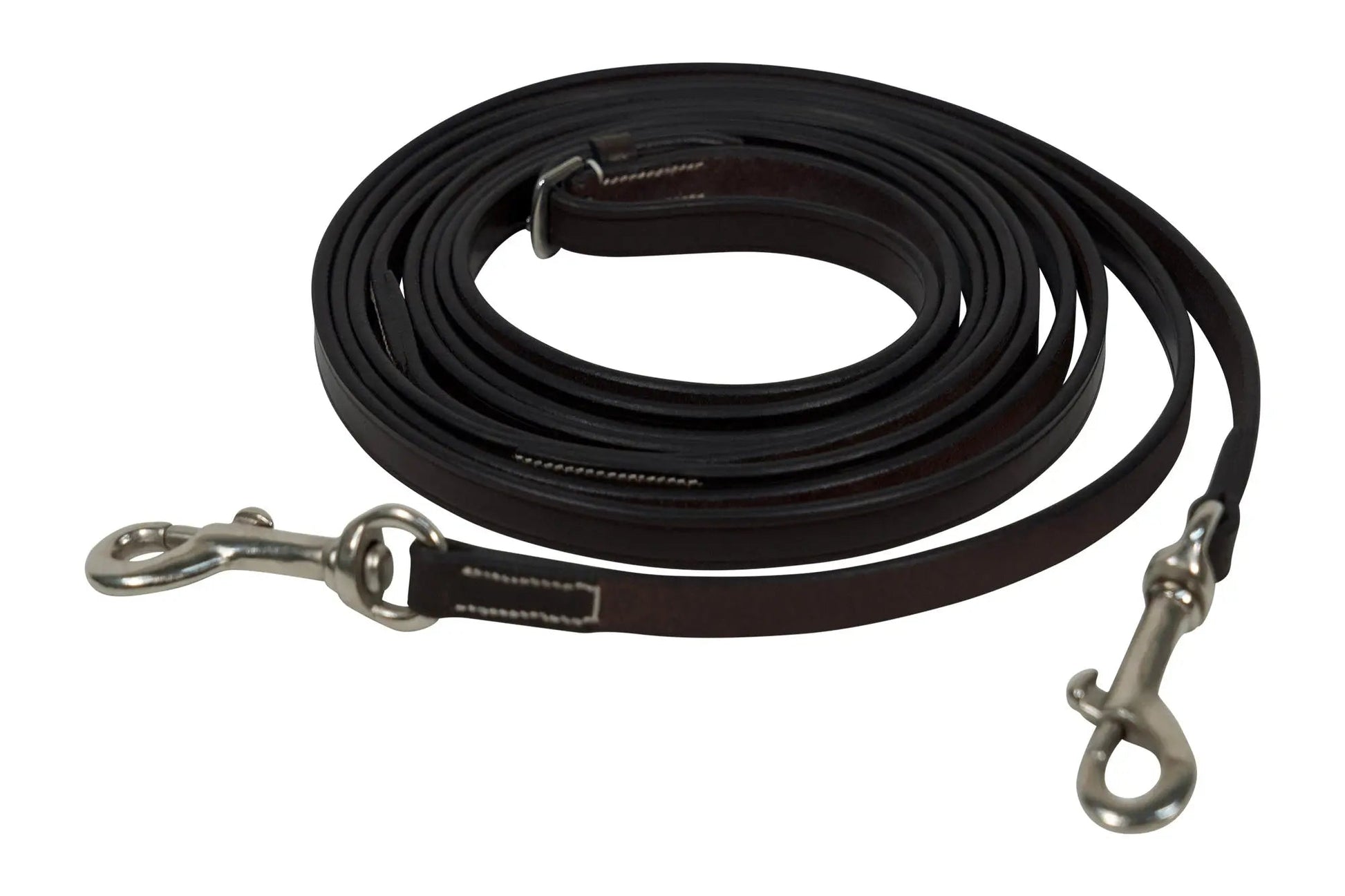 Black leather dog leash with metal clasps on a white background