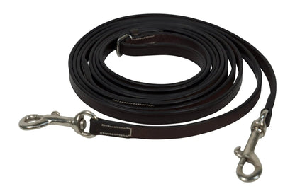 Black leather dog leash with metal clasps on a white background