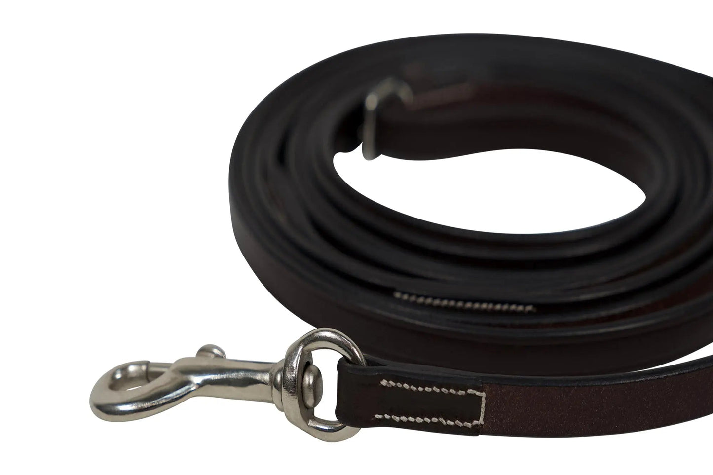 Black dog leash with a silver clip on a white background