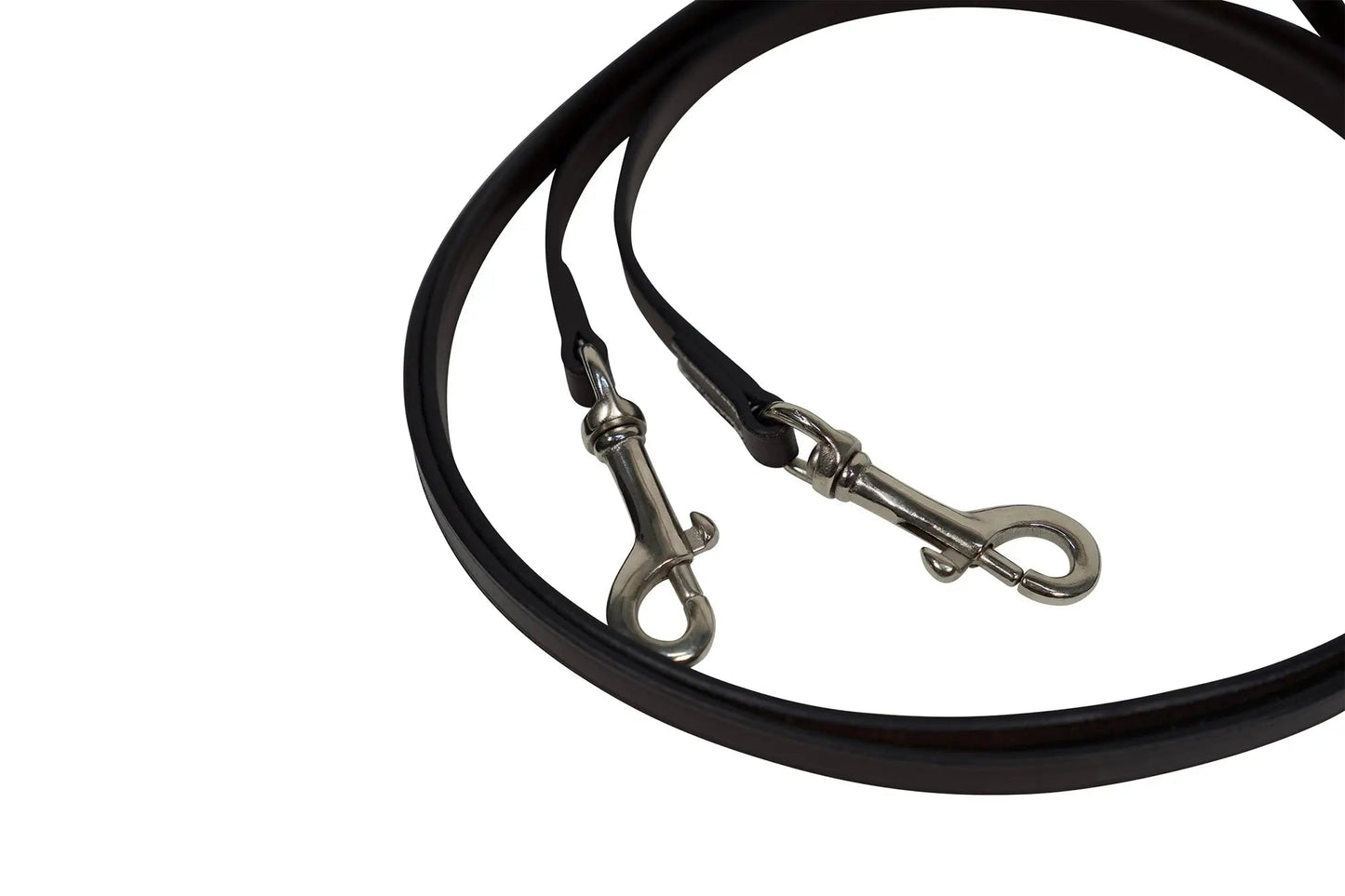 Black leather dog leash with silver clasp on a white background