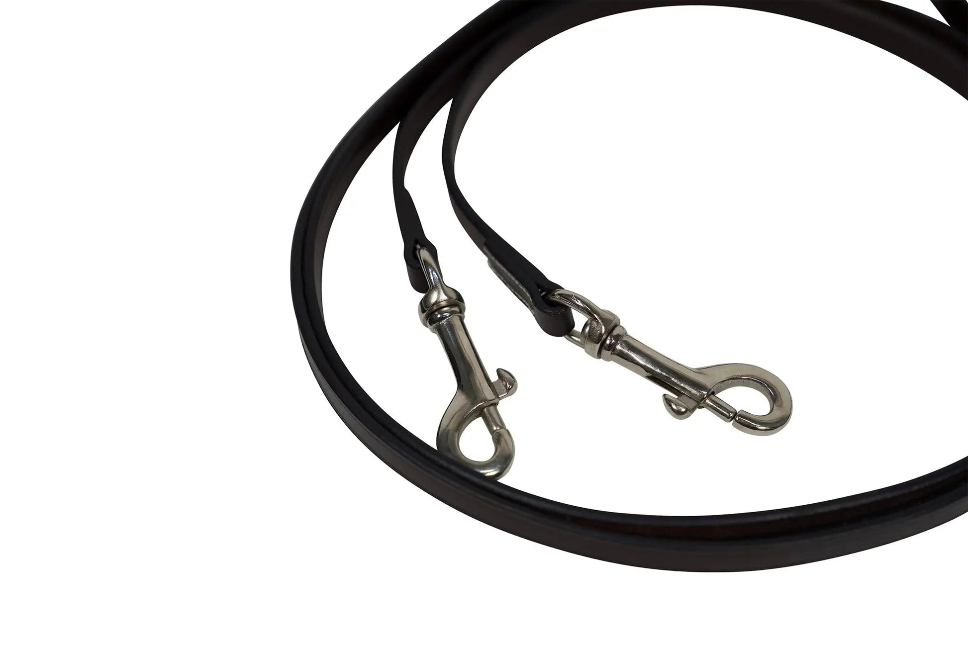 Black leather dog leash with silver clasp on a white background