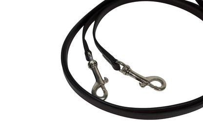 Black leather dog leash with silver clasp on a white background