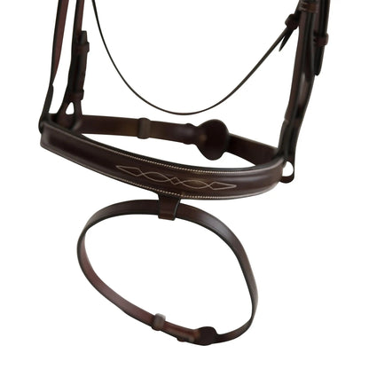 Brown leather horse bridle with intricate design on a white background