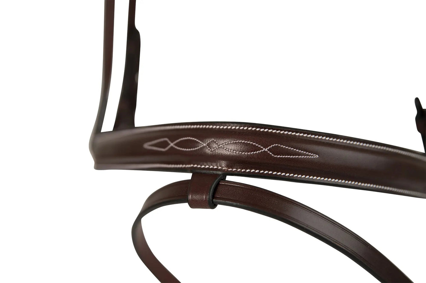 Close-up of a brown leather bridle with intricate stitching on a white background