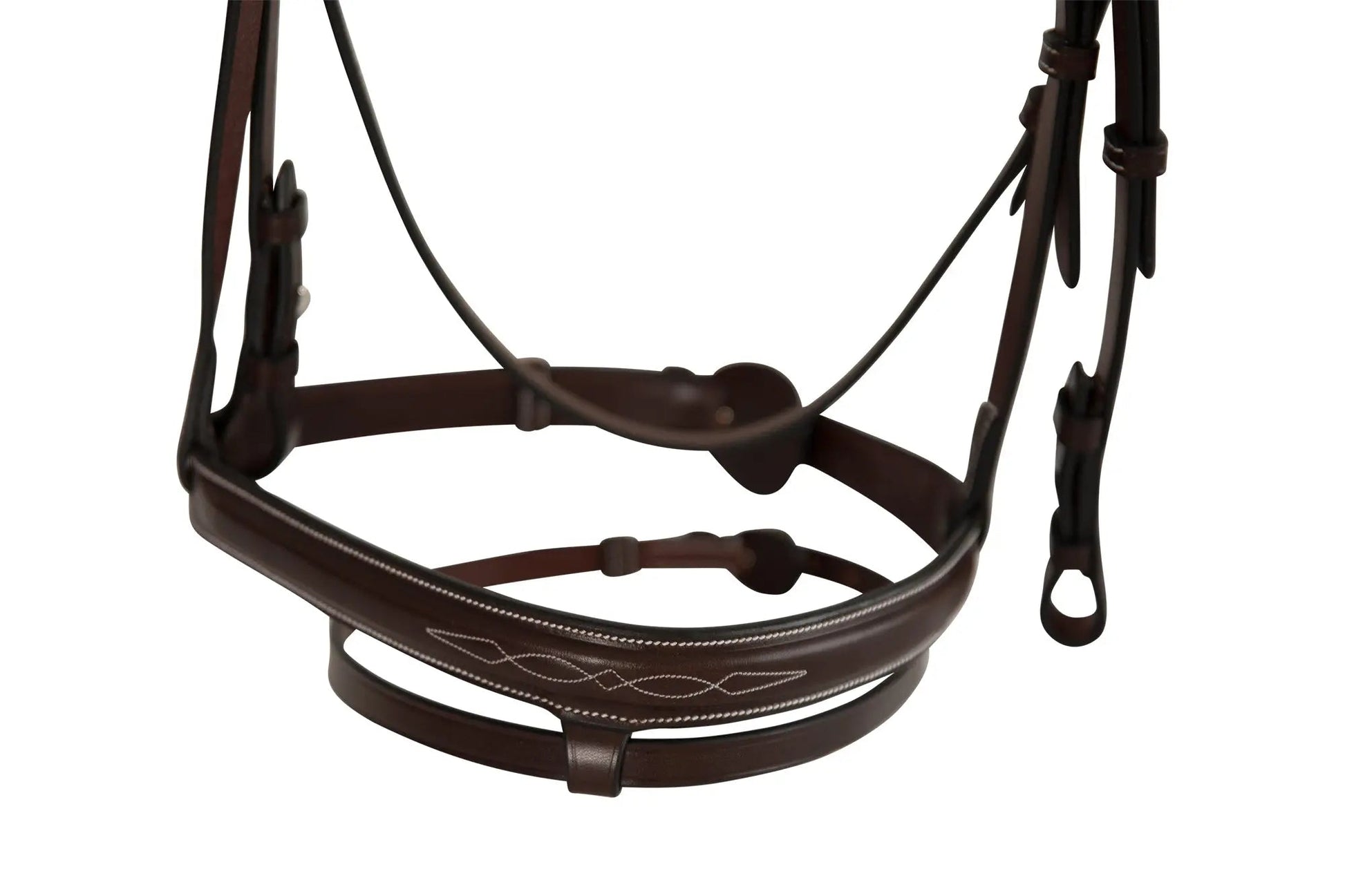 Brown horse bridle with intricate design on a white background